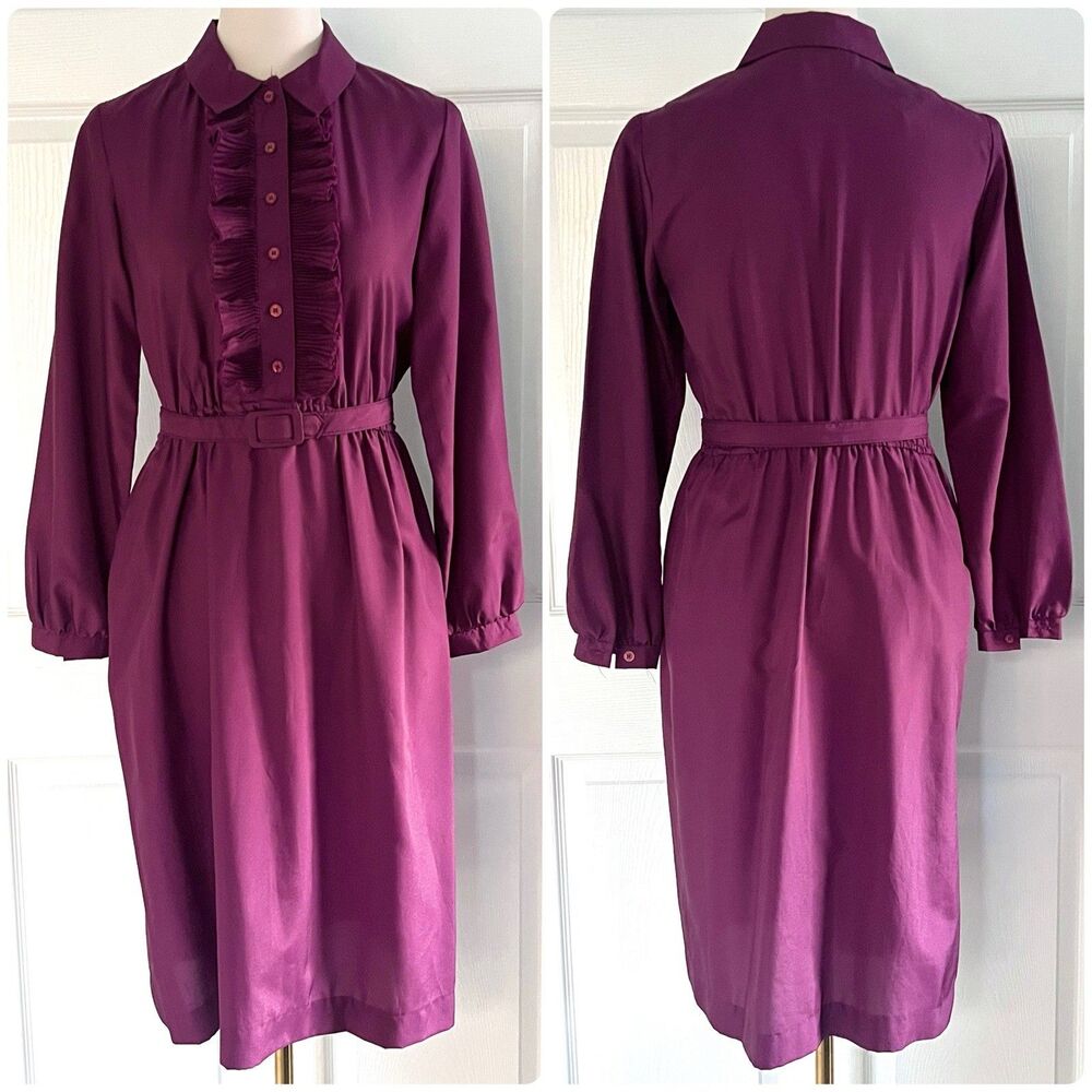 VTG 60s Miss Marilyn of Dallas Plum Purple Ruffled Neck Belted Shirt Dress sz 8